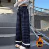 Girls' Plus Velvet Plaid Wide-Leg Pants - Warm, Stylish, and Loose Fitting for Autumn/Winter.