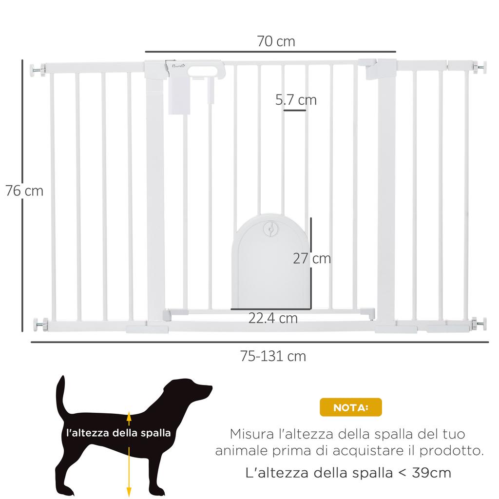 Extendable Dog Gate with Self-Closing Door, Made of Metal and ABS, 75-131x76 Cm, White