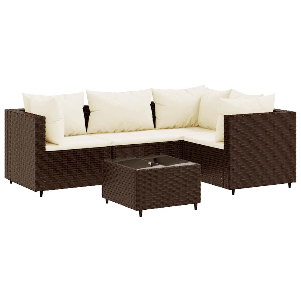 5 Piece Garden Lounge Set with Cushions Brown Poly Rattan