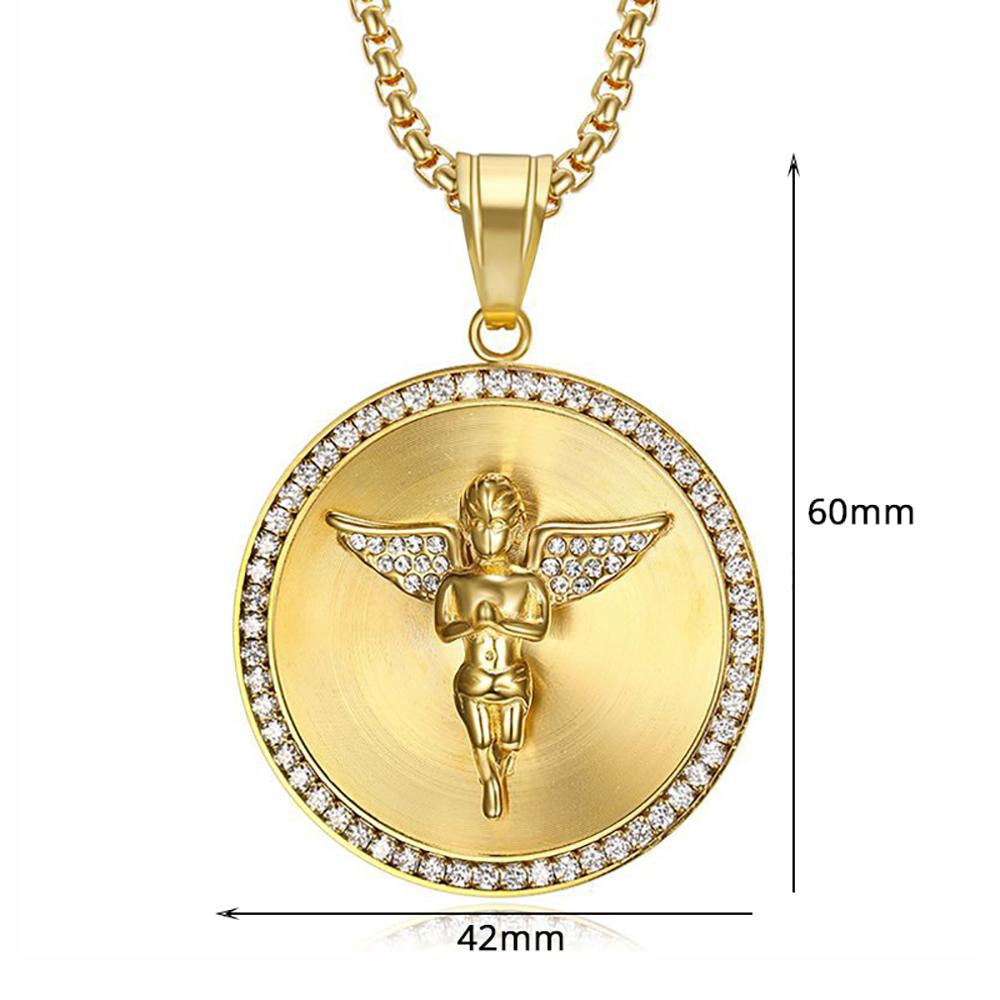 Hip Hop Iced Out Big Angel Pendant Male Gold Color Stainless Steel Round Necklace for Men Punk  Jewelry Birthday Gift