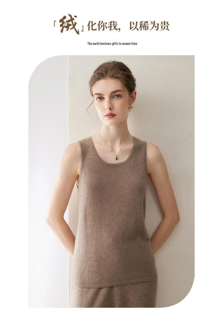 Women's Cashmere Sleeveless Camisole: Low-Neck Knit Top in Winter White, Blue, Green, Velvet, and Rice Colors.