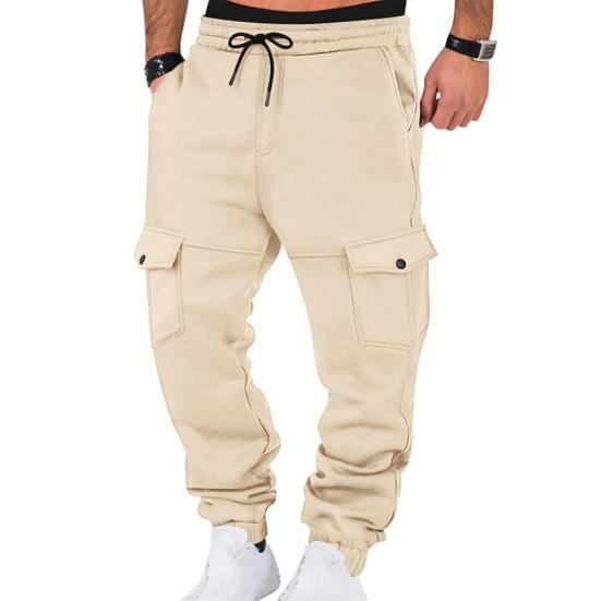 Men Winter Sweatpants Thickened Cargo Pants Warm Casual Baggy Trousers Drawstring Waist Jogger Pants