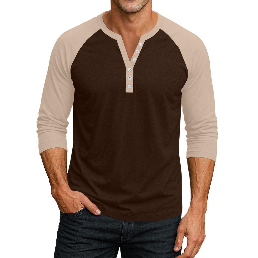 Men's Button-Down Contrast Raglan 3/4 Sleeve Top