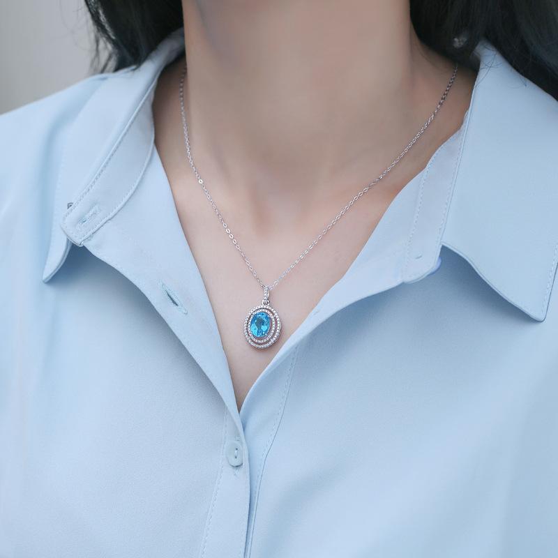 Tancise S925 Sterling Silver Sea Blue Topaz Luxury Personality Pendant Necklace Women's Classic Tide Sugar Full of Wild Clavicle Chain.