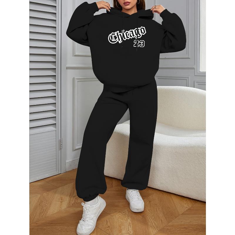 Полиэстер Повседневный 2-предметный женский спортивный костюм Толстовка и вязаные брюки с высокой талией Универсальный наряд L чёрный