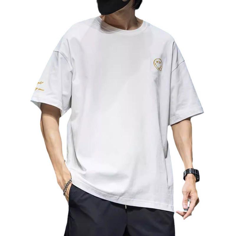 Men's 2024 Summer Plus Size Smiley Face Embroidery Short Sleeve Casual Cotton T-Shirt