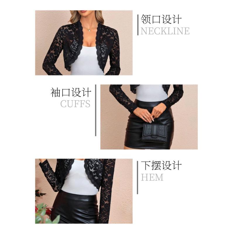 Women Elegant Lace Short Jacket V Neck Long Sleeve Cardigan