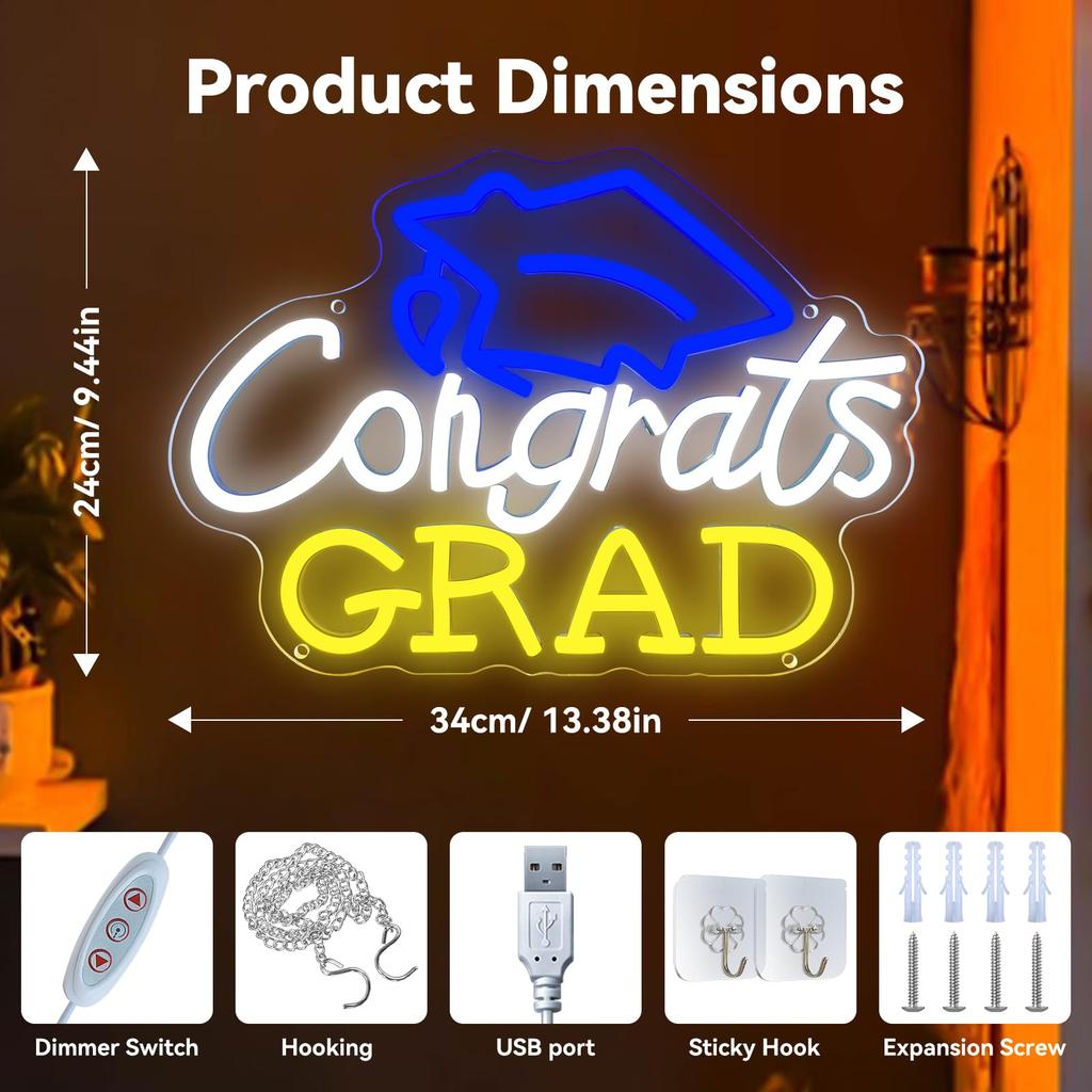 Congrats Grad Neon Sign 2026 LED Graduation Party Light Wall Decor Room Dorm Backdrop Celebration Gift
