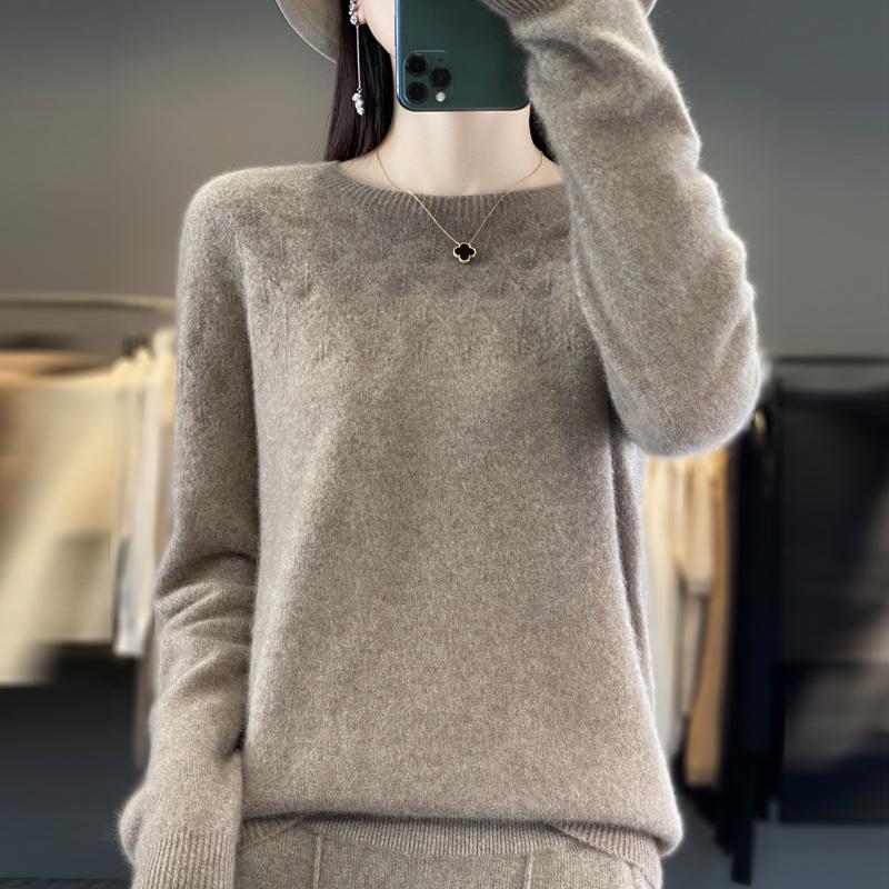 Women's Round Neck Sweater, Qinghe Cashmere, 30% Cashmere 70% Wool, Hollow Winter Knitted Pullover Autumn Sweater Cashmere Sweater
