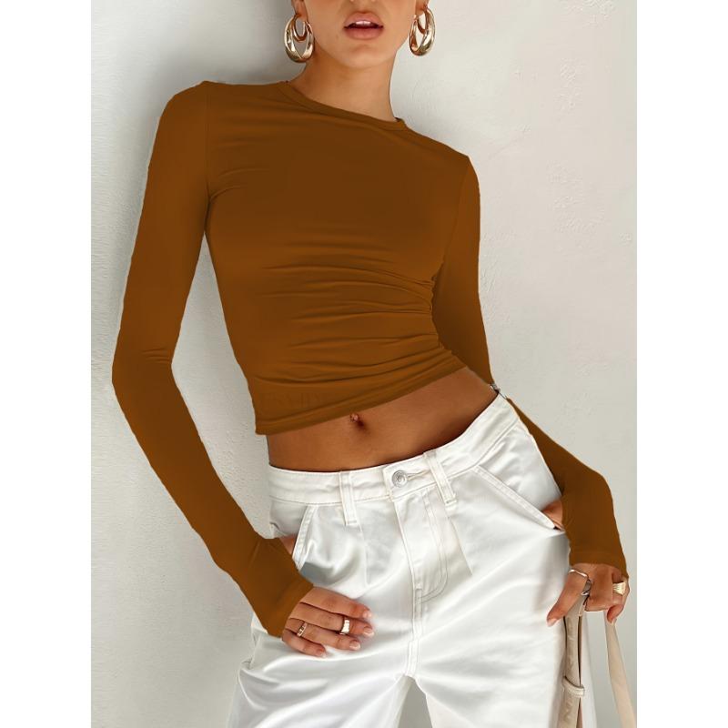 

Женская осенняя женская футболка, модная облегающая однотонная футболка с круглым вырезом, базовая рубашка, топ для женщин, футболки женские L темно-коричневого