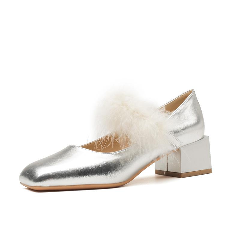 53310 [sheepskin] silver high heels women's 2025 new square head Mary Jane shoes thick heel Mao Mao single shoes
