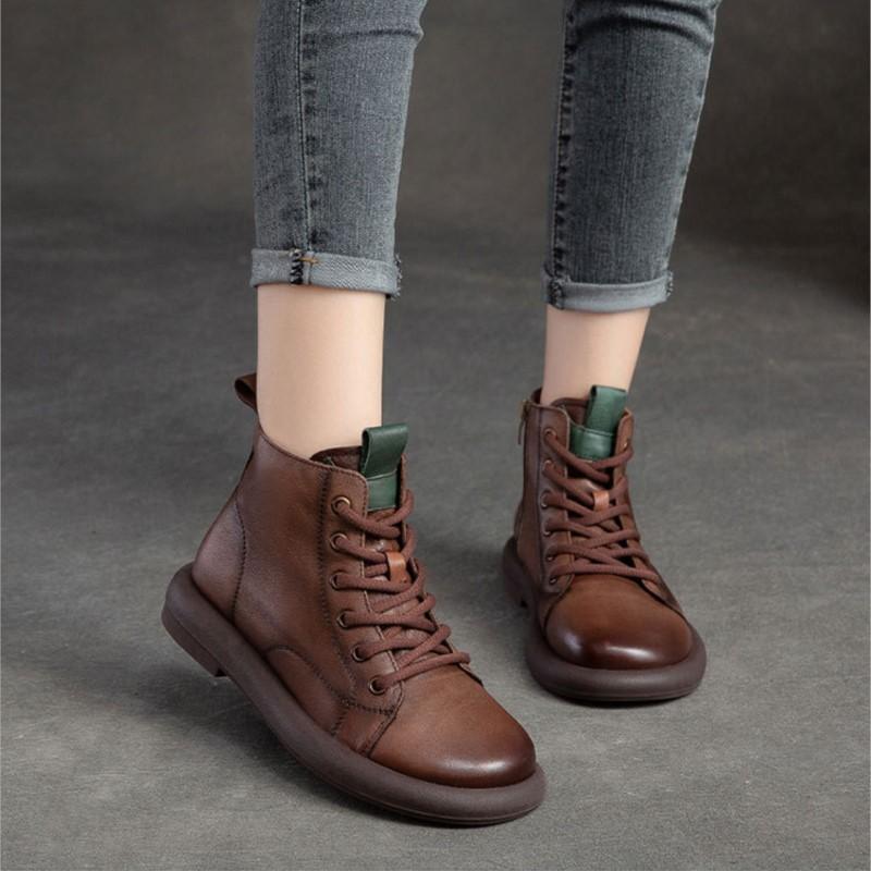 Johnature Oryginalne skórzane botki retro na co dzień, jednolity kolor, miękka podeszwa, krótkie buty, uniwersalne buty damskie