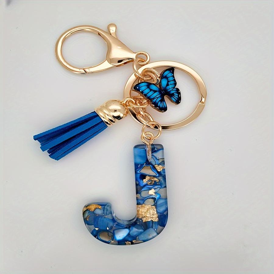 1pc Custom Blue Alphabet Letter Keychain with Butterfly Pendant Resin Ladies Key Ring with Tassel - Elegant Accessory for Bags Backpacks