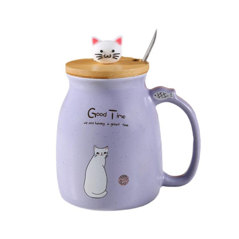 Kawaii Cute Cat Ceramic Coffee Mug with Kitty Lid And Spoon Japanese Style Tea Cup for Women Cat Lovers Novelty Gifts
