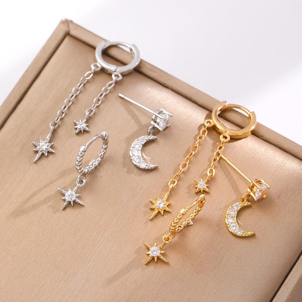 European and American Asymmetrical Star & Moon Earrings Set: Fashion Zircon Studs & Ear Cuffs