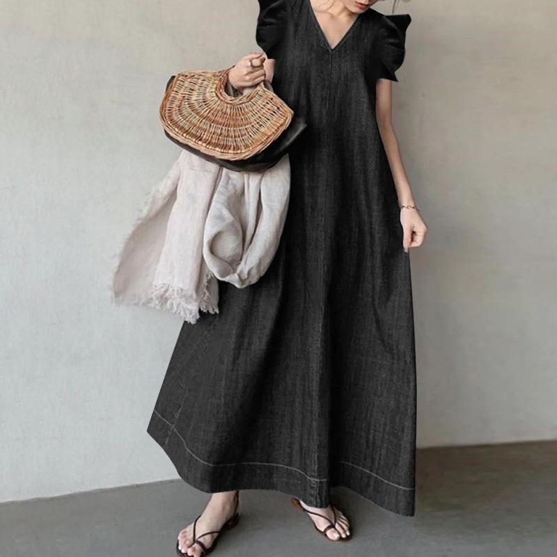 

2026 Bohemian V-Neck Plus Size Denim Long Dress 5XL чорний