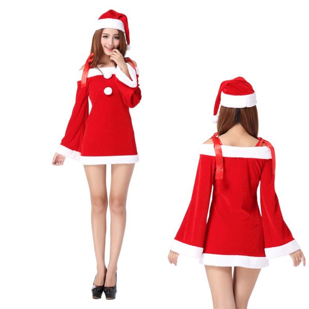 2PCS Long Sleeves Mini Dress One-shoulder Lady Cosplay Clothes Christmas Outfits  Valentine's Day