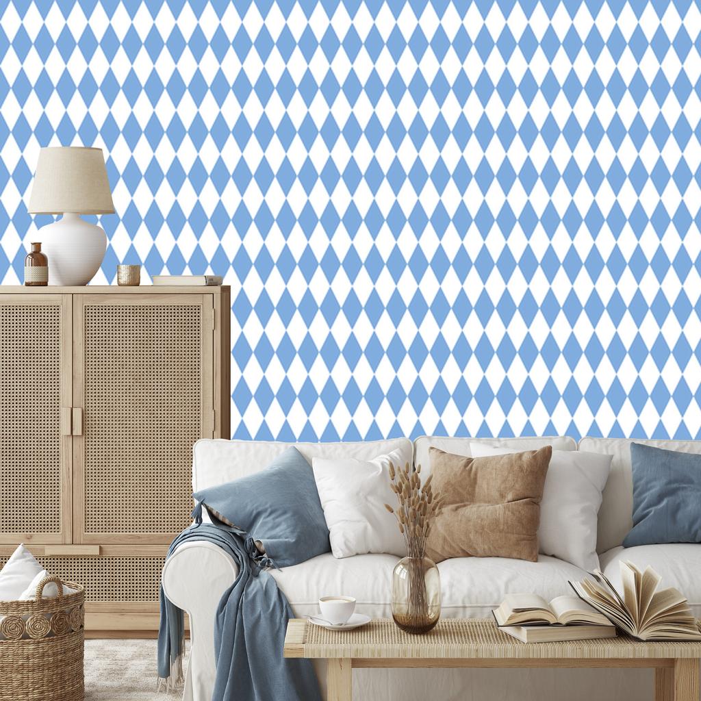 Harlequin Diamonds Wallpaper White and Azure, Azure Background 50x1000