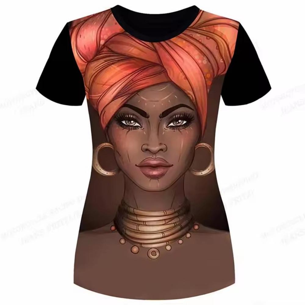 Melanin Girl Natural Hair Pattern T-shirt, women's T-shirt, African casual short-sleeved round-neck top T-shirt