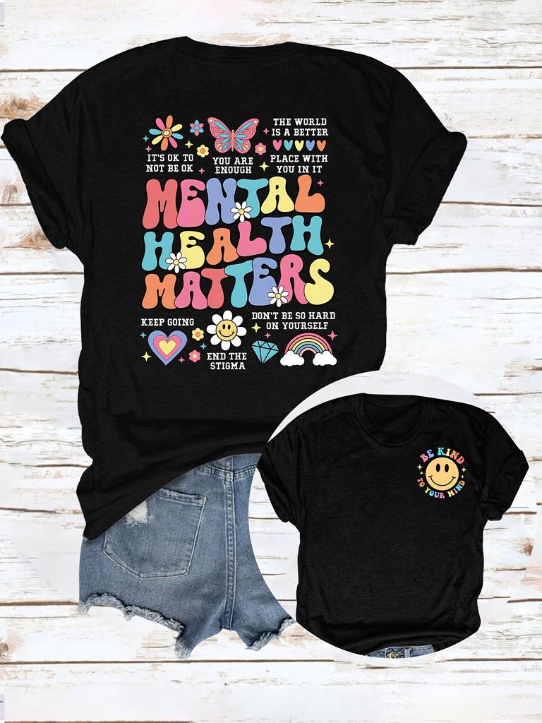 Mental Health Matters: Keep Going Print T-Shirt for Women - Casual Crew Neck Short Sleeve Top