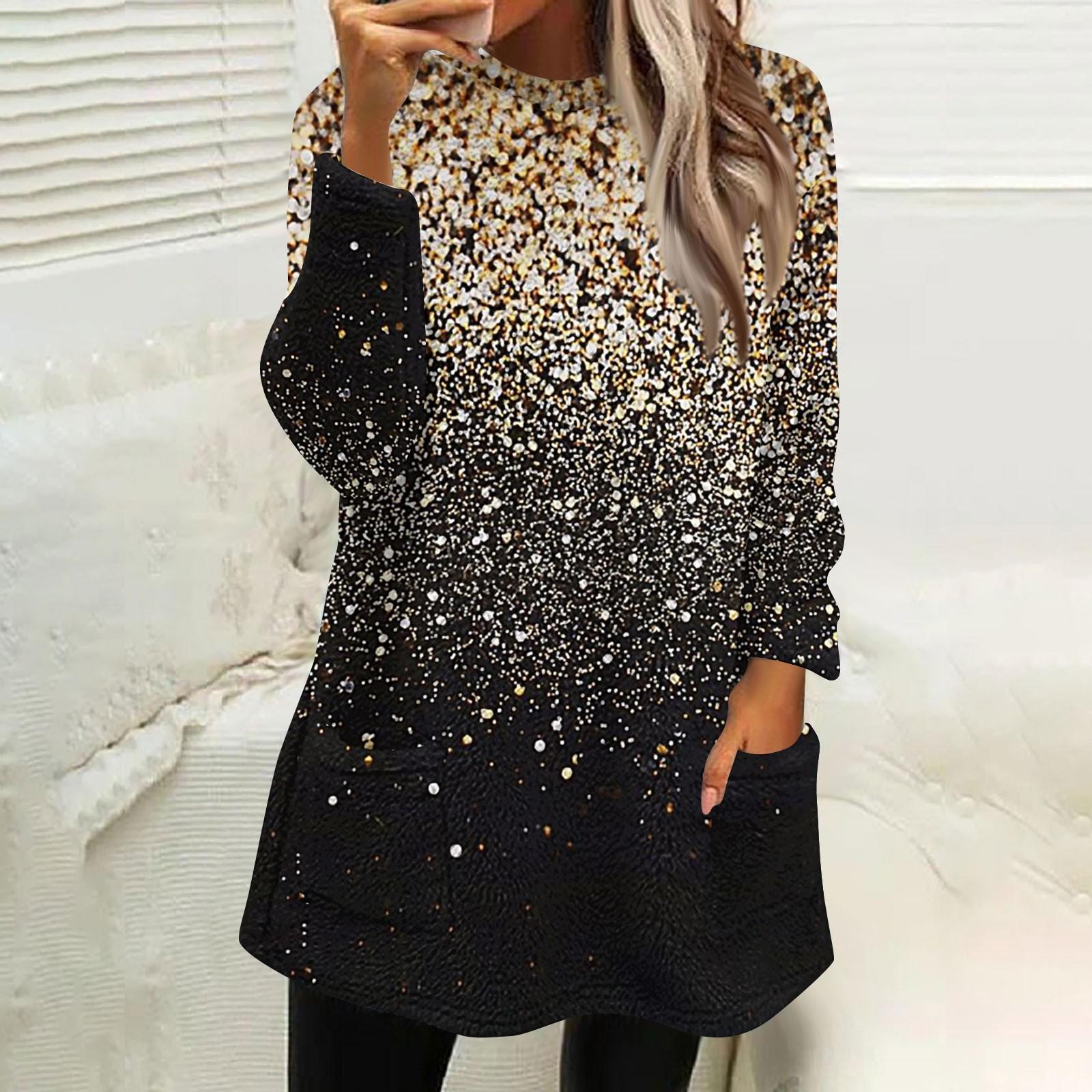 

Женская мода повседневная плюшевая толстовка с длинным рукавом с принтом и карманами XXXL золотой