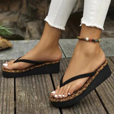 Leopard Print Flip-flops Women's Wedge-heeled Slippers Summer Thick-soled Beach New 2024 New Fashion Versatile Trendy Flip-flops