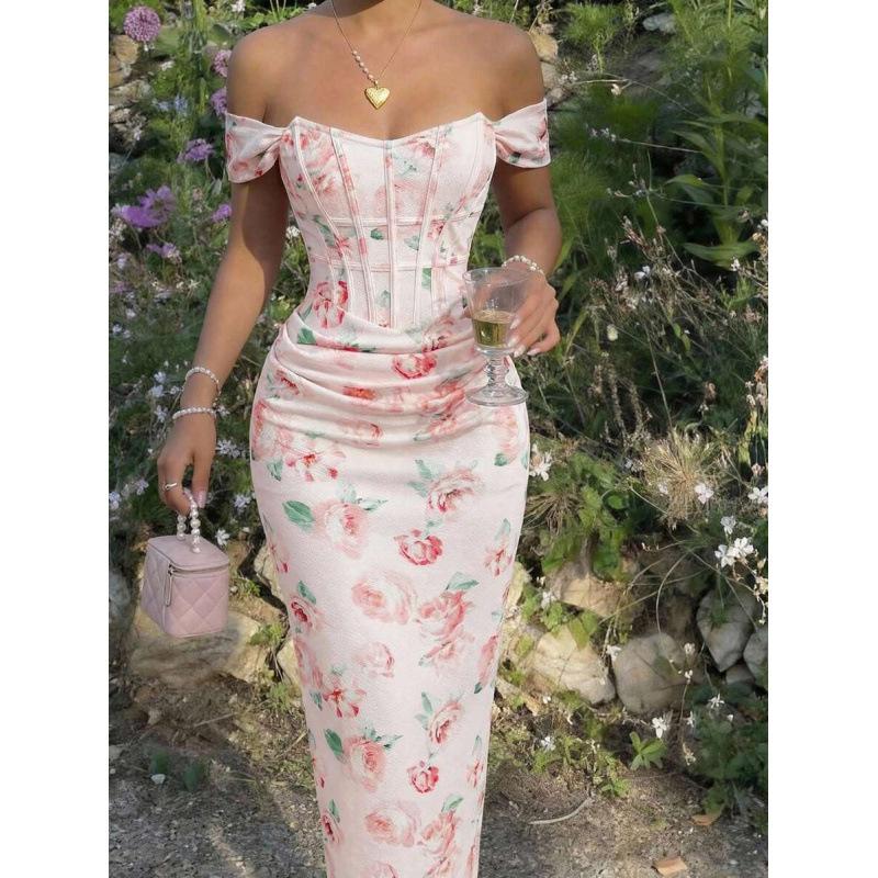 Europe, America 2026 summer new pink flower print one-word shoulder pure hip wrap dress women XS