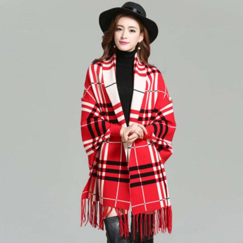 Women'S Double-Sided Shawl, Scarf, Dual-Purpose Fringed Thickened Long-Sleeved Cashmere-Blend Cape Jacket