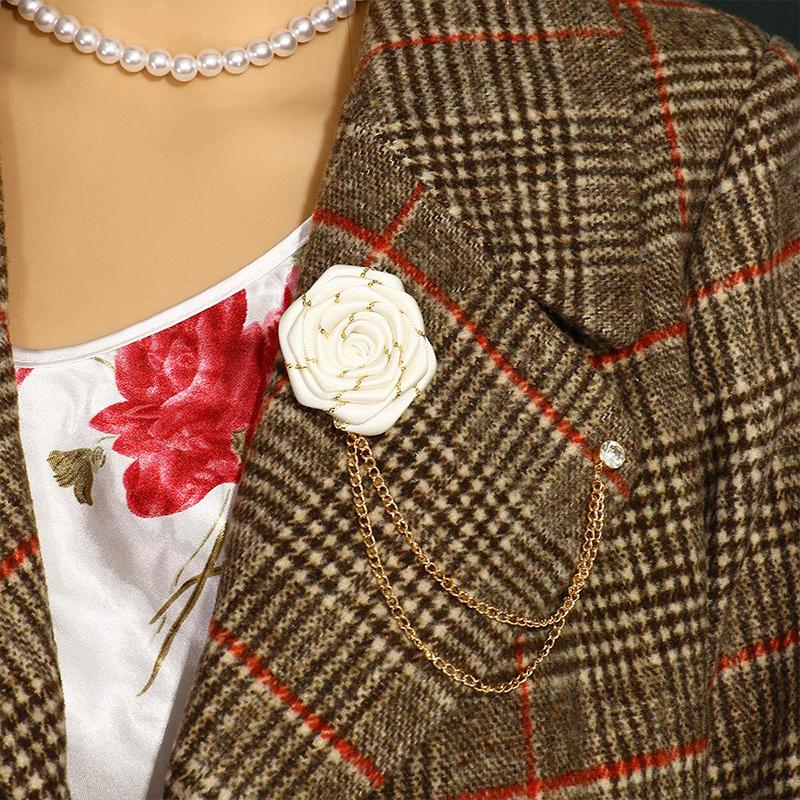 Men Wedding Brooches Cloth Art Handmade Rose Flower Brooch Lapel Pin Badge Tassel Chain Men'S Suit Accessories Groom Boutonniere