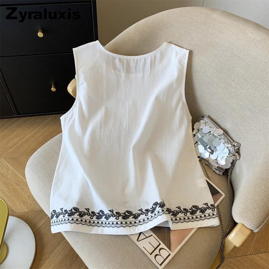 Summer New Arrivals Women s Embroidery Cotton Linen Tank Top Loose Fit Sleeveless Top M