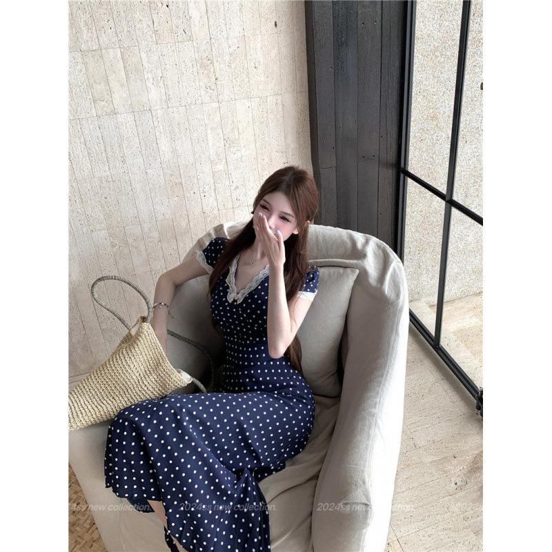 Retro niche design sense lace edge polka dot v-neck dress women's summer waist high-end sense a-word long dress