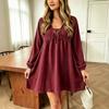 Autumn New V-neck Pleated Dress Lantern Long Sleeves Loose and Thin European and American Style Short Skirt Women