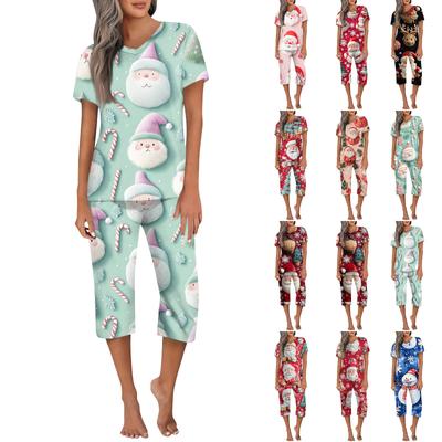 Women's Casual Sports Pajamas Short Sleeve Cropped Pants Christmas Printed Set