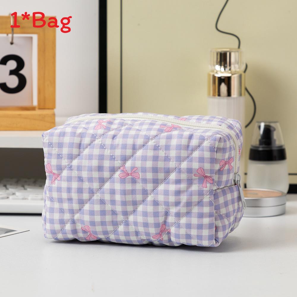Korean Style Cotton Polyester Checkered Bow Makeup Bag With Zipper For Daily Use