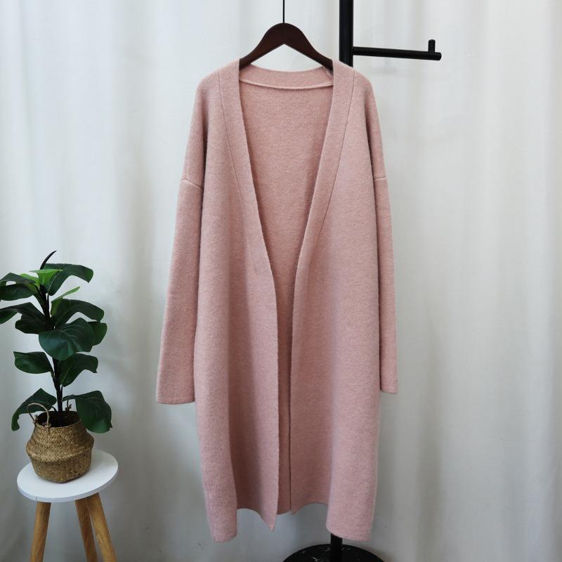 Autumn and Winter New Medium and Long Knitted Cardigan Women's Solid Color Loose Lazy Style Versatile Sweater Jacket