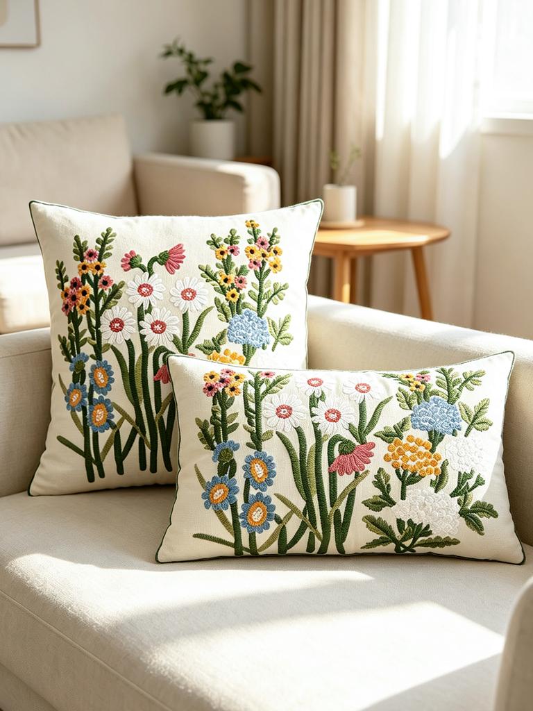 1pc Exquisite Garden Floral Embroidered Cushion Cover Without Core For Various Room Machine Washable