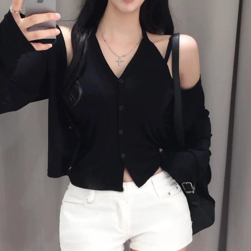 Korean Dongdaemun Slim Halter Cardigan: Hot Girl Style, Long Sleeve, Faux Two-Piece T-shirt for Women