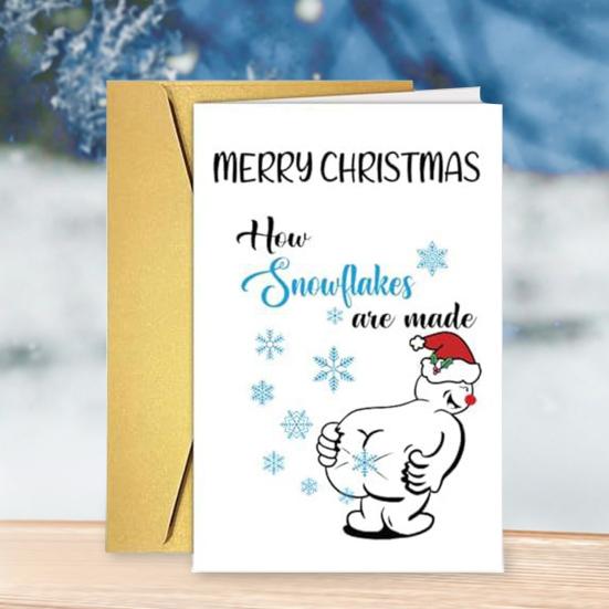 Vtipné vánoční přání pro něj, její humorný kreslený vzor, ​​vánoční skládací přání