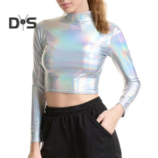 

Женский клубный топ с высоким воротником, глянцевая поверхность, узкая талия, однотонный пуловер, мягкий дышащий женский укороченный топ для танцев на пилоне 2XL