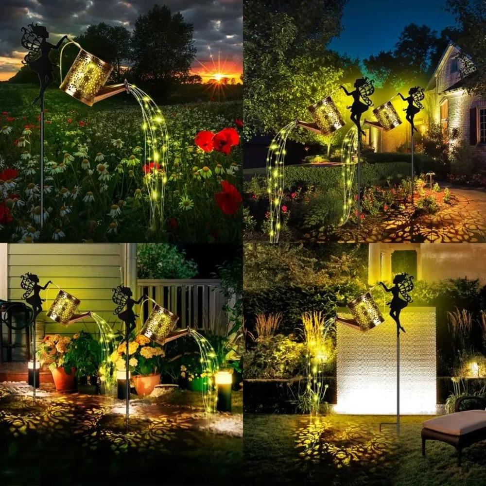 Outdoor Solar Watering Can Lights, Waterfall LED String Fairy Lights, Garden Kettle Projection Decorative Lights