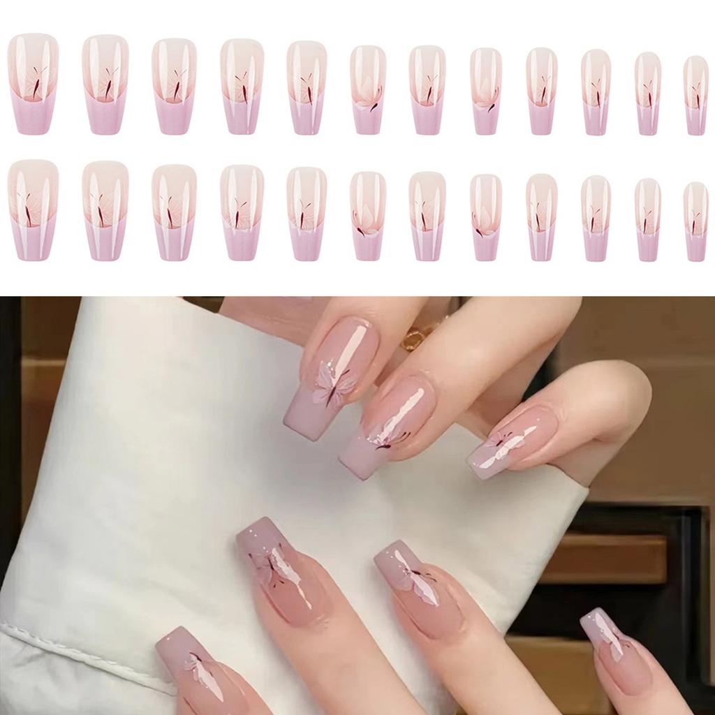 24 Pcs Long Ballerinas False Nail Butterfly Press on Nail Acrylic Nail French Tip Stick on Nail Manicures Supplies