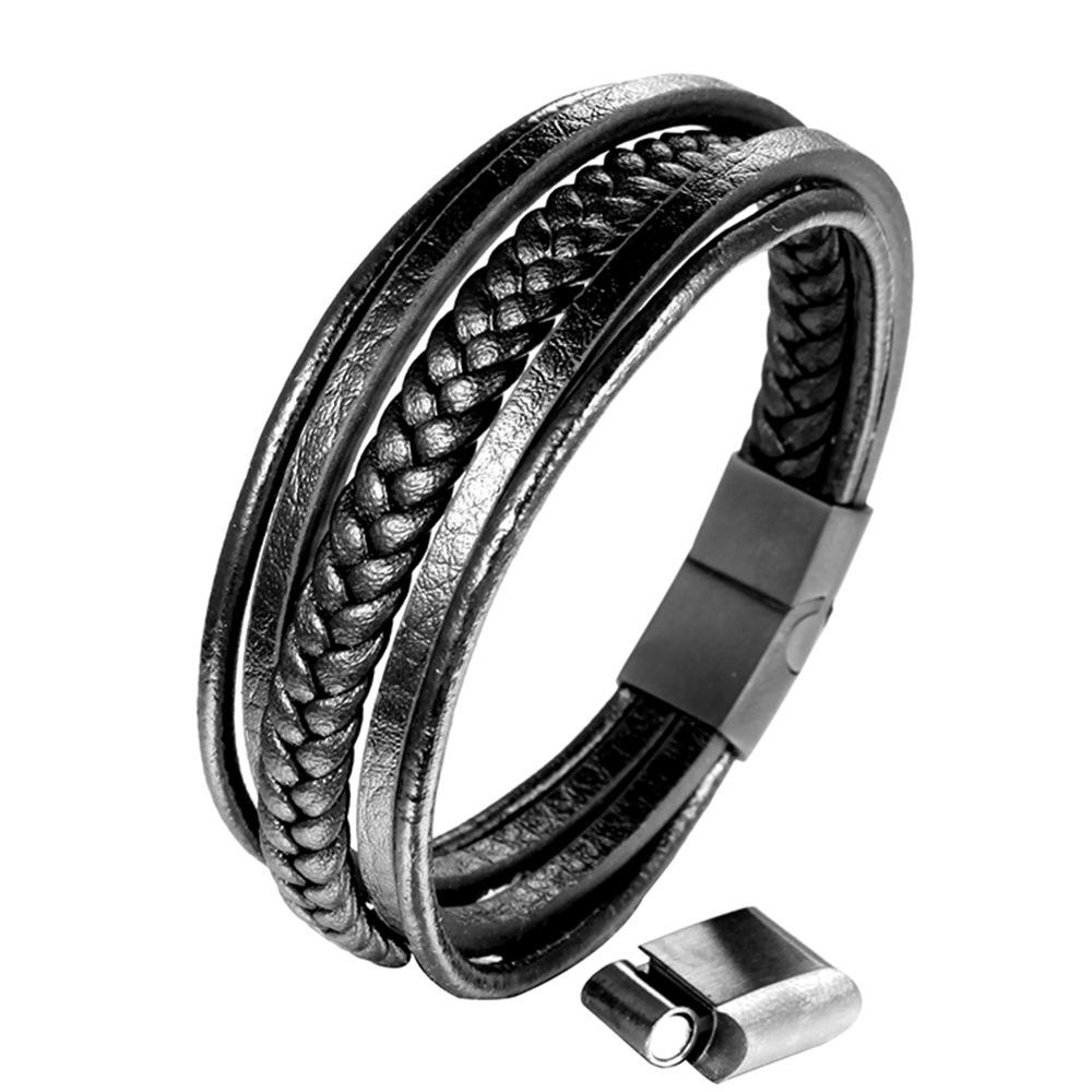 Cowhide bracelet, stainless steel leather woven multi-layer bracelet, leather adjustable buckle bracelet
