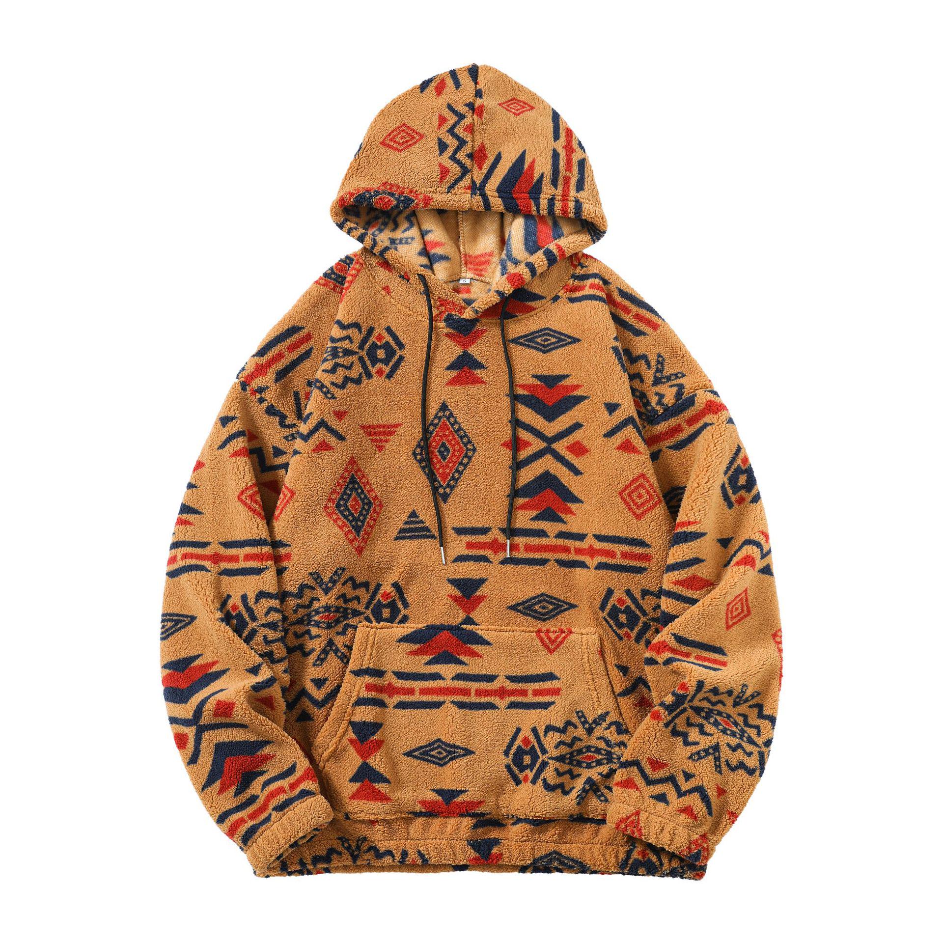 

Men s Ethnic Style Plush Hoodie: Retro Pattern Loose Fit Casual Pullover XL