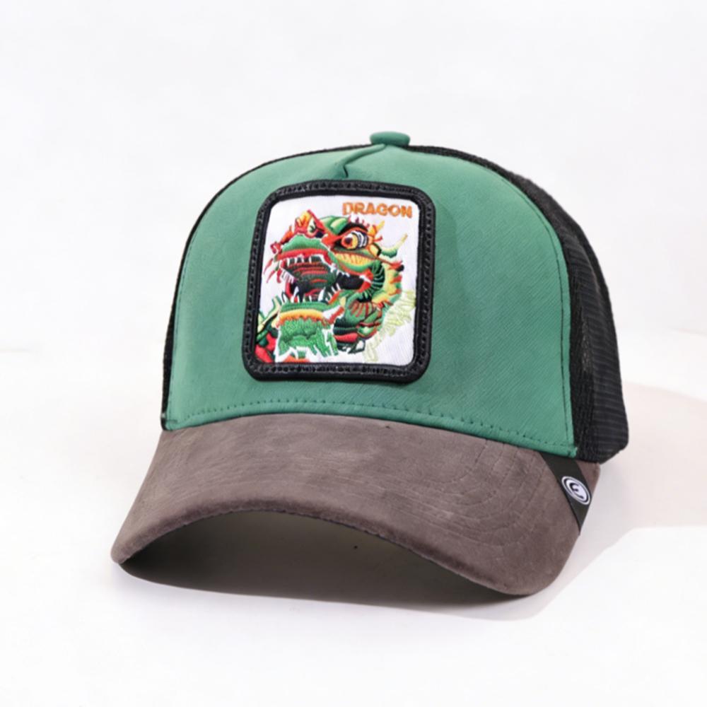 1PC Mesh Trucker Hat, Breathable, Embroidered Chinese Dragon Lion Patch, Distressed Retro Streetwear for Men Women