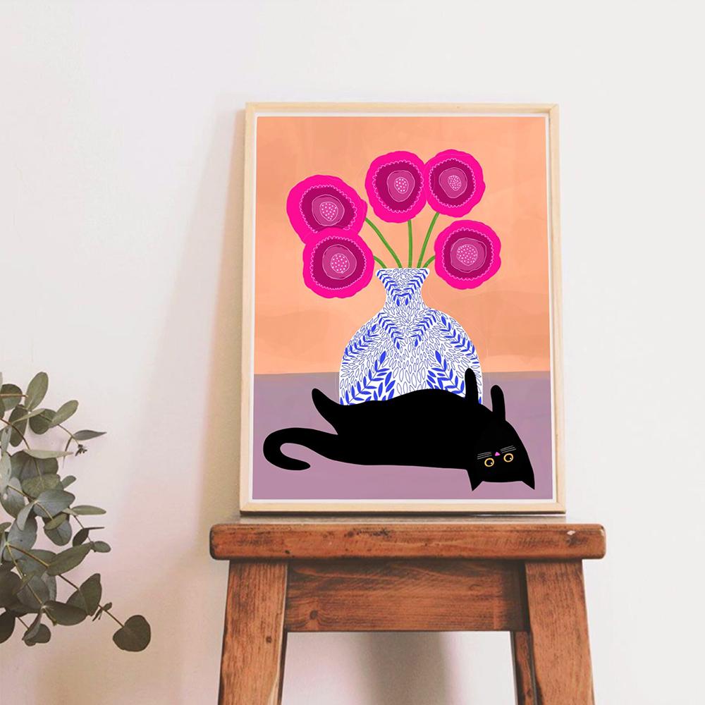 Retro Abstract Black Cat Vase Art Poster Print Pink Tulips Canvas Painting Colorful Pictures Living Kid Room Home Decor Murals