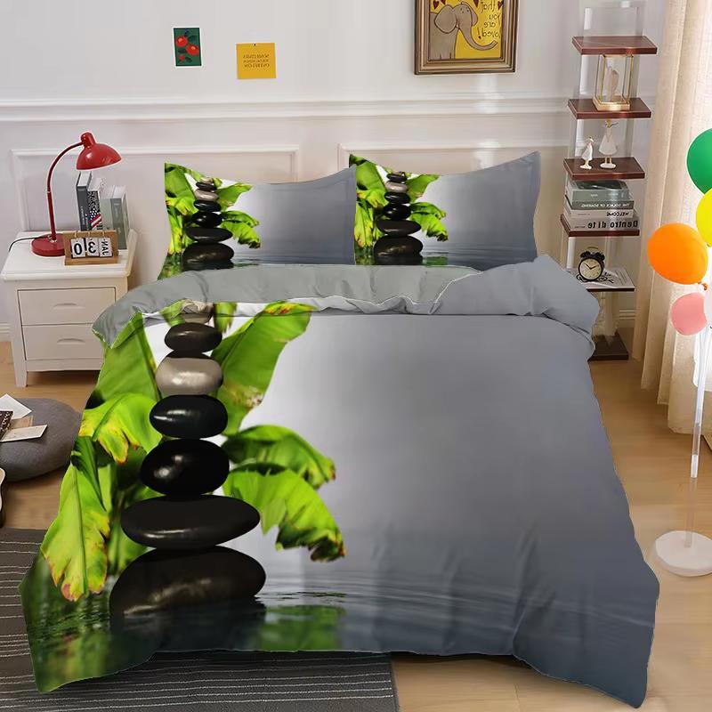 Comforter Zen Stone Green Bamboo Nature Water Print Bedding Set Queen King Size Bedroom Decorative Comforter 2/3 Pcs