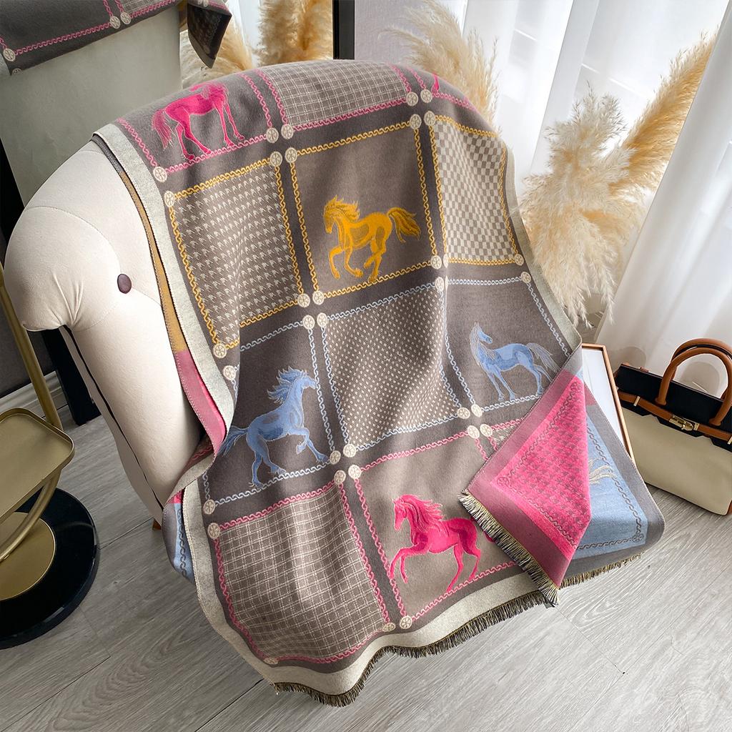 New Women Imitation Cashmere Two-Side Plaid Horse Print Scarf Soft Warm Pashmina Shawl Autumn Winter Coldproof Windproof Blanket
