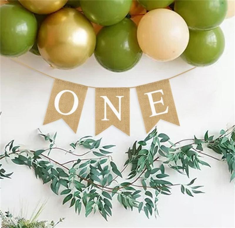 Adorable First Birthday Pennant Banners Burlap Highchair Swallowtail Flag Jewelry for Baby Photo Shoots and Parties