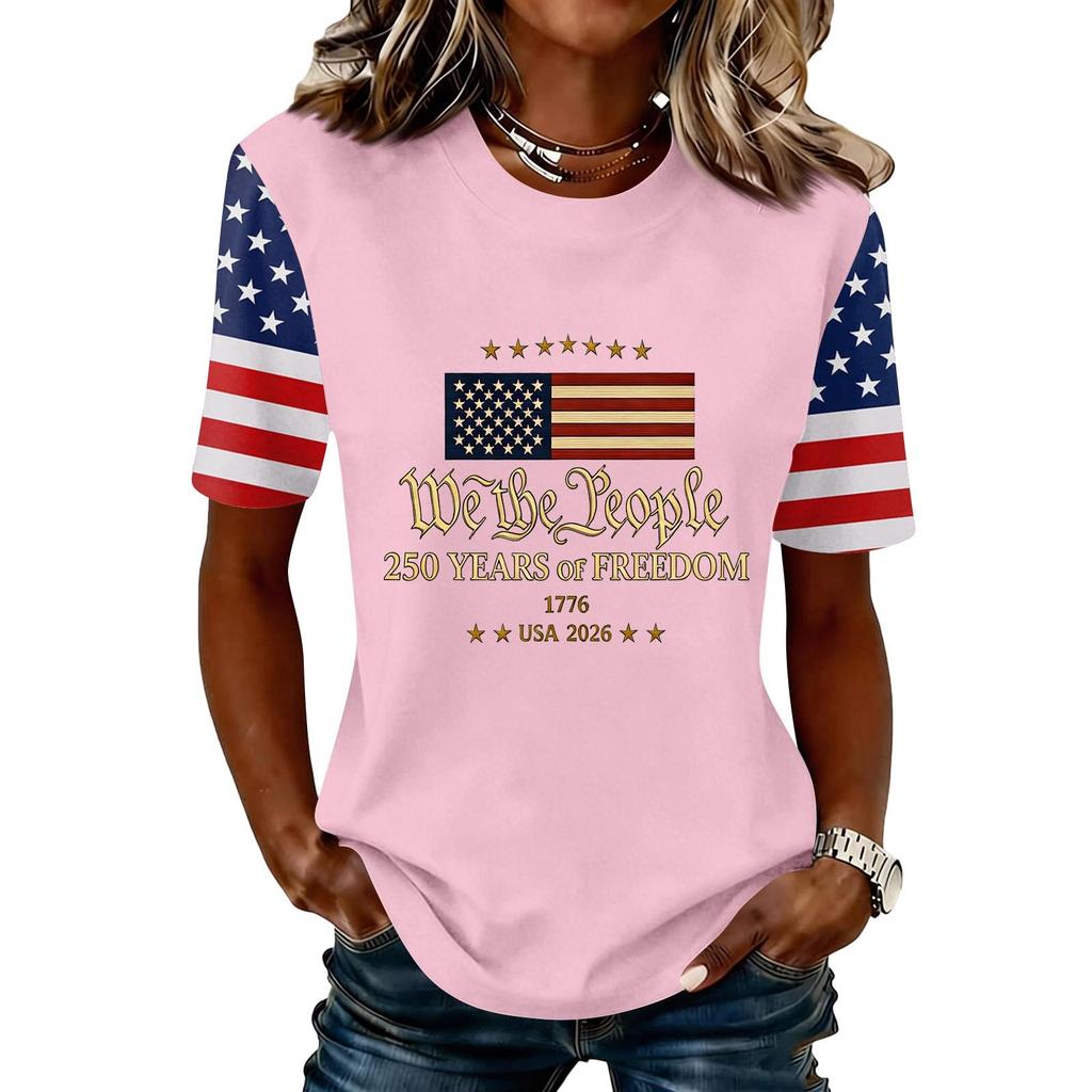 Blusa Feminina da Moda Casual de Manga Curta com Estampa e Gola Redonda