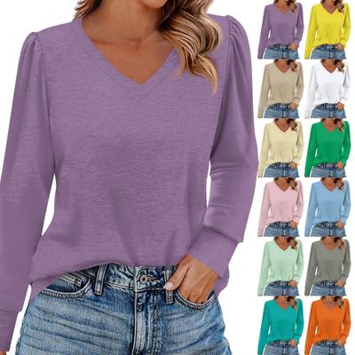 Women's Fashion Casual Long Sleeve Solid Color Shirt Women's V-Neck Tops
